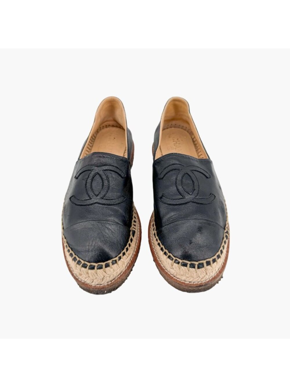 Chanel Black Leather CC Logo Espadrille Flats Size 39 US 8.5 Platform Shoes - Picture 2 of 14